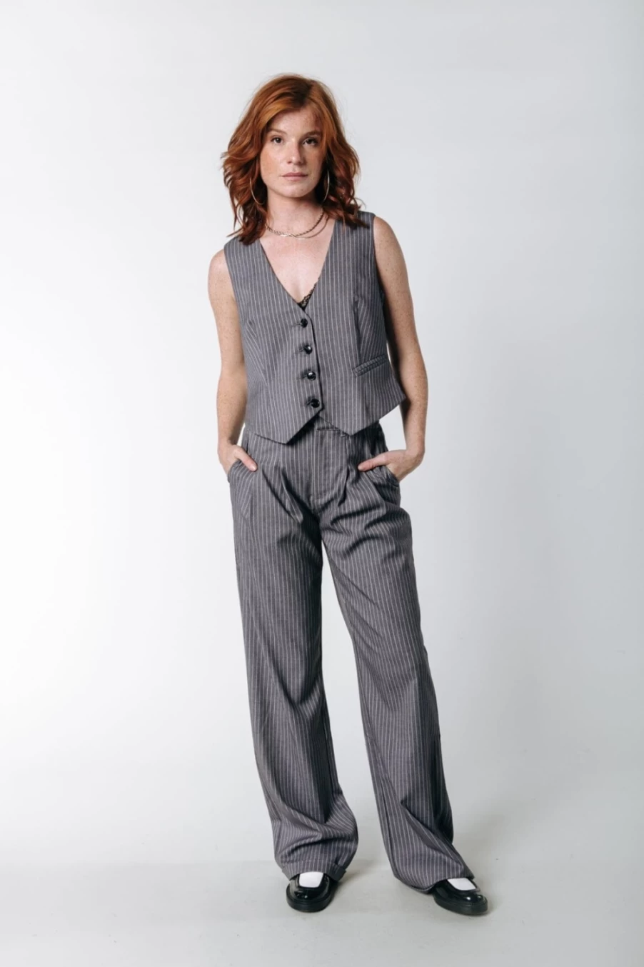Colourful Rebel Women's Cora Striped Pants in Dark Gray - High Waisted Slim Fit Trousers