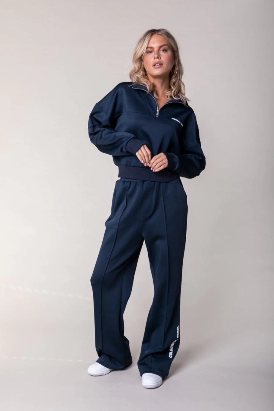 Colourful Rebel Women's Jiby Pintuck Pants in Dark Blue | High-Waist Slim Fit Trousers
